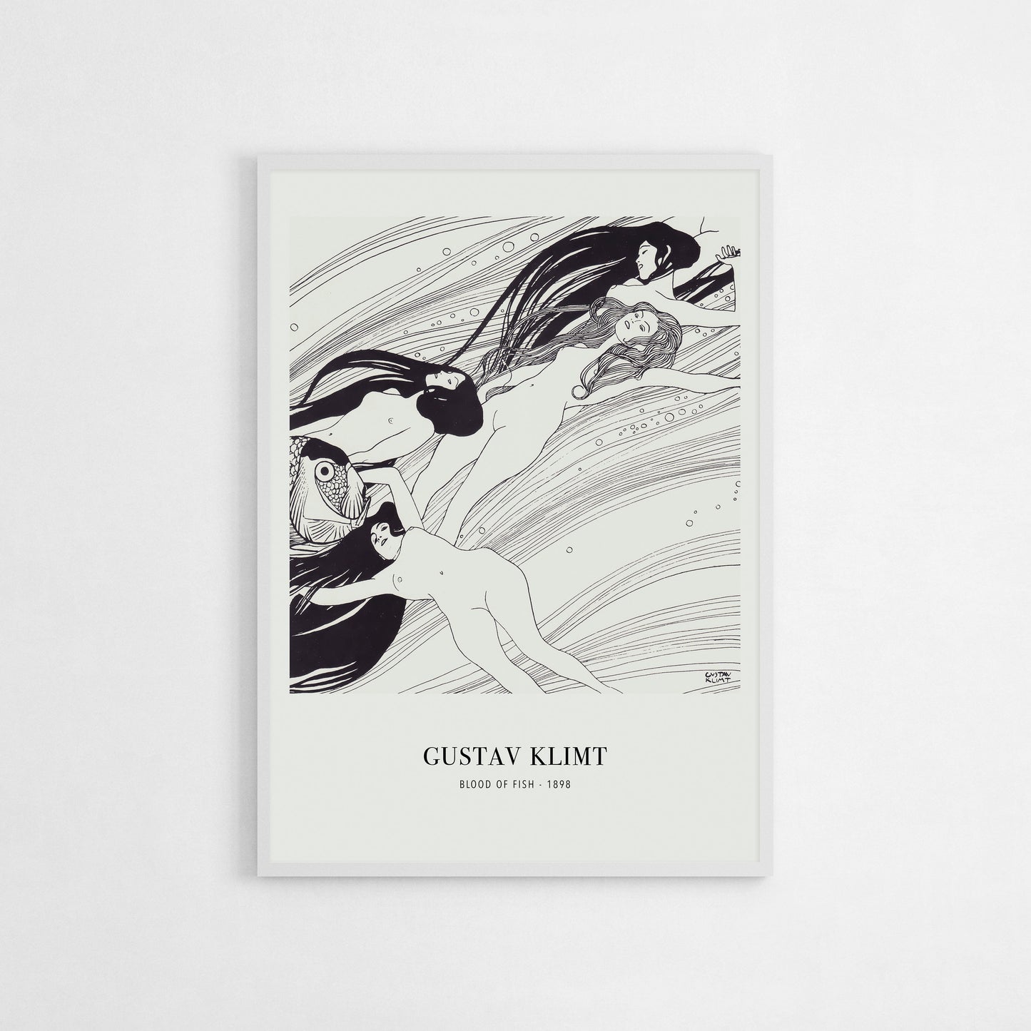 Black-and-white art print of Blood of Fish by Gustav Klimt, featuring flowing figures and aquatic elements. Ideal for lovers of classic and Art Nouveau decor, adding elegance and intrigue to any room.