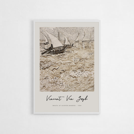 Art print of Boats at Saintes-Maries by Vincent van Gogh, showcasing boats on dynamic, swirling waters in sepia tones. Ideal for classic interiors, this print adds a peaceful ambiance, perfect for art enthusiasts or as a meaningful gift for Van Gogh admirers.