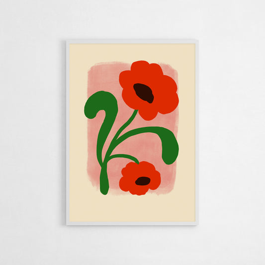 Modern botanical art poster featuring two bold red flowers with green stems on a pink background, adding a vibrant and cheerful touch to any room decor.