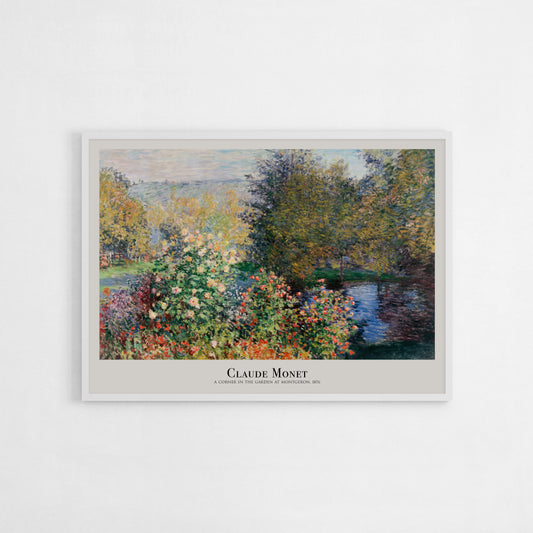 Art print of Claude Monet’s “A Corner in the Garden at Montgeron” (1876), showcasing lush garden foliage and a tranquil pond in Impressionist style. Perfect for bringing a classic and serene touch to home decor.