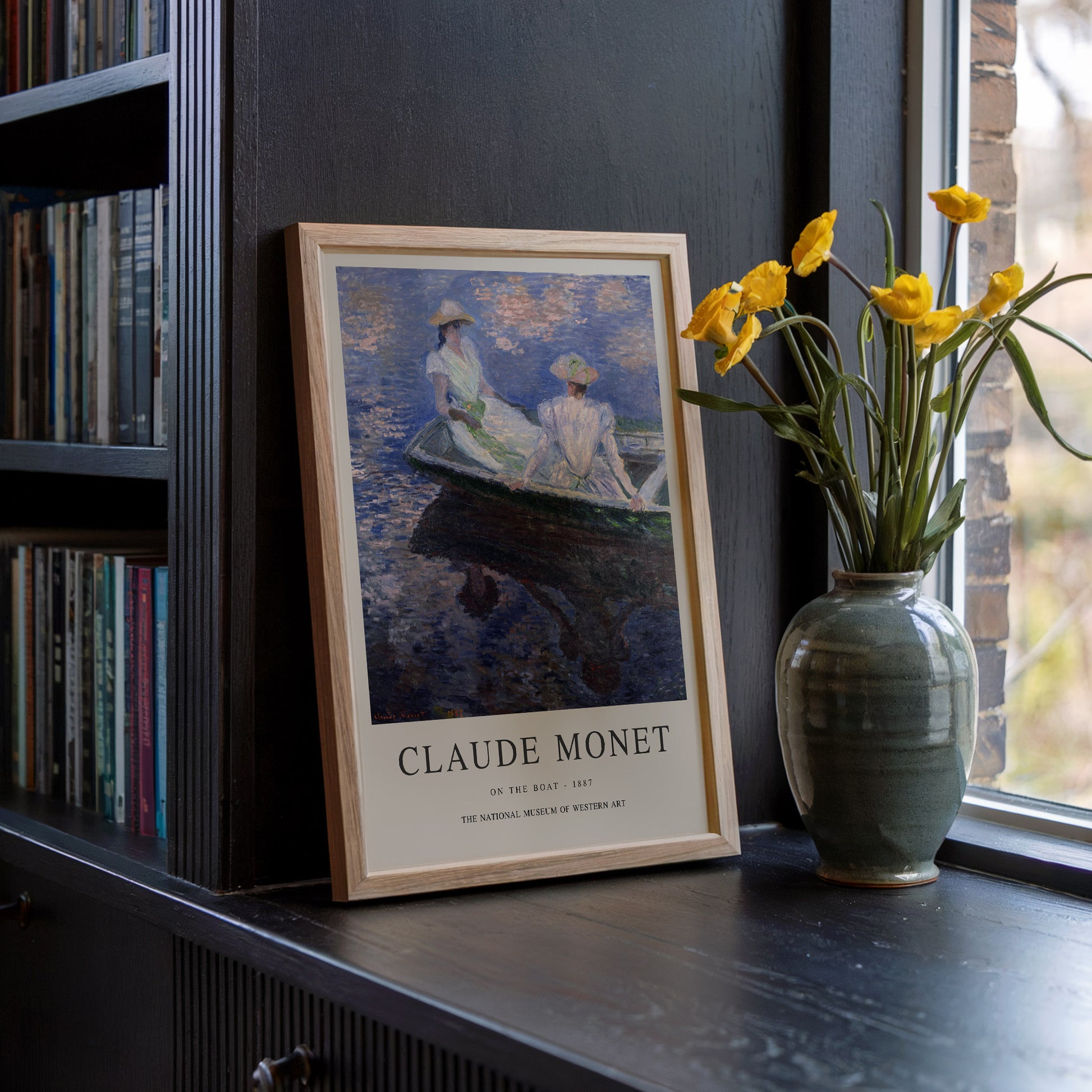 Exhibition poster of Claude Monet’s On the Boat, showcasing two women seated on a boat with serene water reflections, a classic impressionist artwork ideal for wall decor and as a refined gift for art lovers