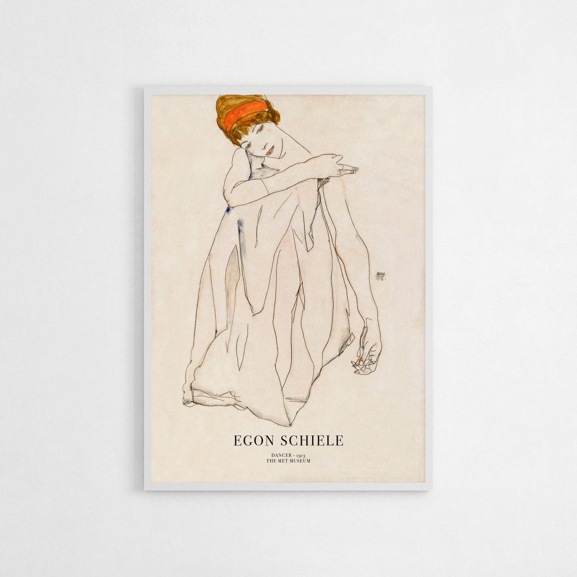 Art print of Dancer by Egon Schiele, featuring a graceful figure drawn with minimalist lines, embodying elegance and subtle emotion. Perfect for enhancing modern interiors with a touch of artistic sophistication