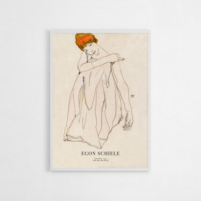 Art print of Dancer by Egon Schiele, featuring a graceful figure drawn with minimalist lines, embodying elegance and subtle emotion. Perfect for enhancing modern interiors with a touch of artistic sophistication