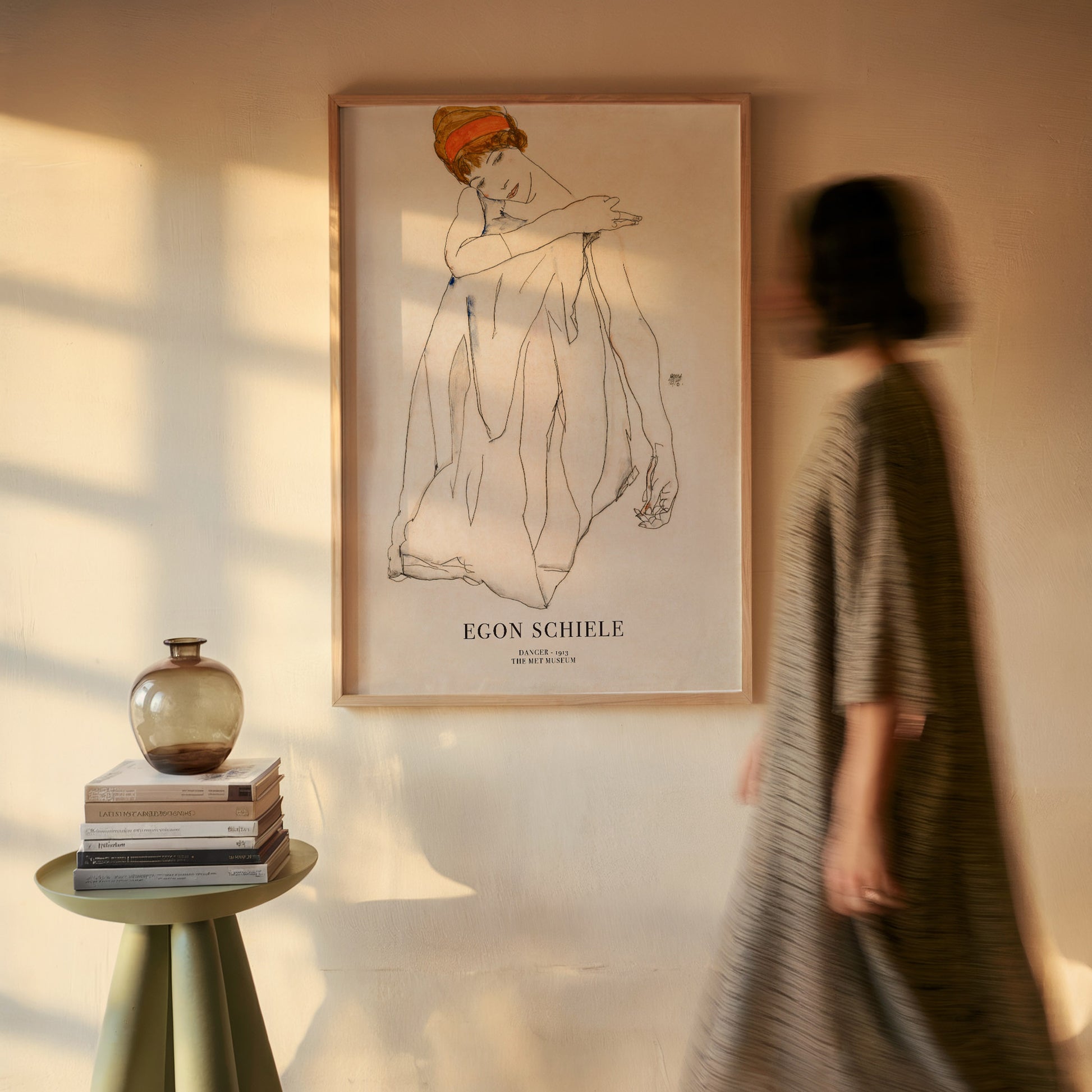 Art print of Dancer by Egon Schiele, featuring a graceful figure drawn with minimalist lines, embodying elegance and subtle emotion. Perfect for enhancing modern interiors with a touch of artistic sophistication