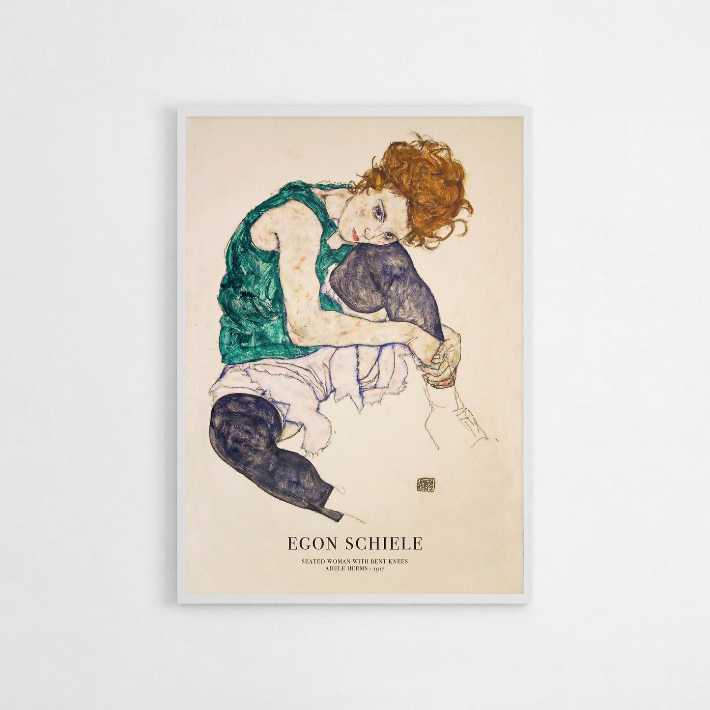 Exhibition poster of Egon Schiele’s Seated Woman with Bent Knees, showcasing a seated woman with vibrant red hair and expressive posture, a striking piece of expressionist art ideal for wall decor and as a thoughtful gift for art collectors.