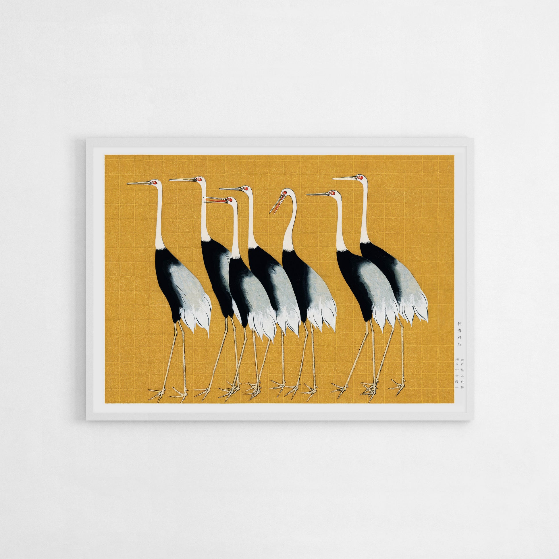 Flock of Japanese red-crowned cranes on a golden background, Japanese art print by Ogata Korin, perfect for modern or traditional decor.