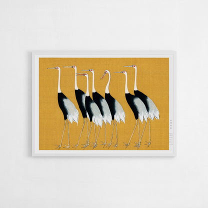 Flock of Japanese red-crowned cranes on a golden background, Japanese art print by Ogata Korin, perfect for modern or traditional decor.