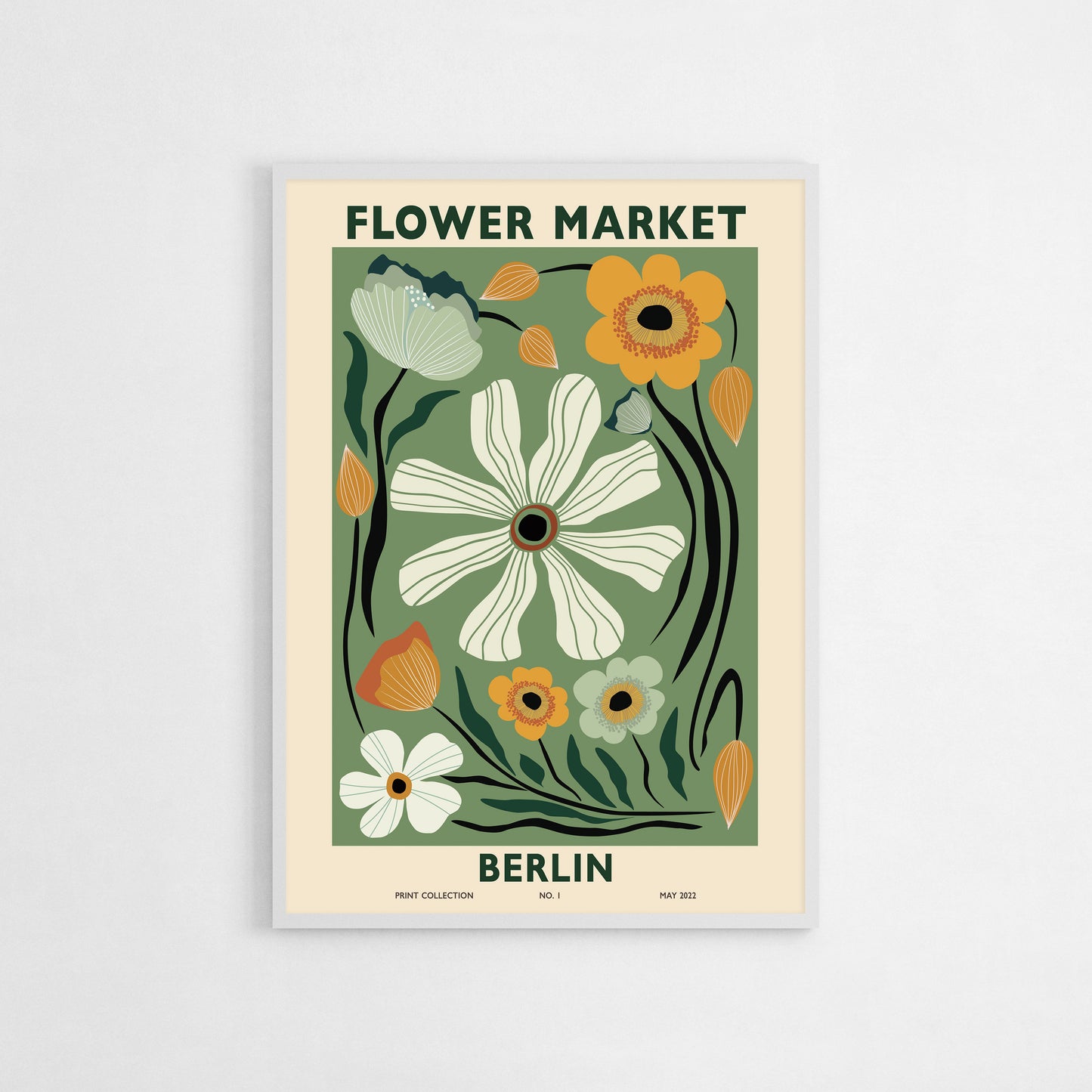 modern-style Flower Market Berlin poster with green, orange, and yellow floral illustrations, featuring a abstract botanical design on a light green background.