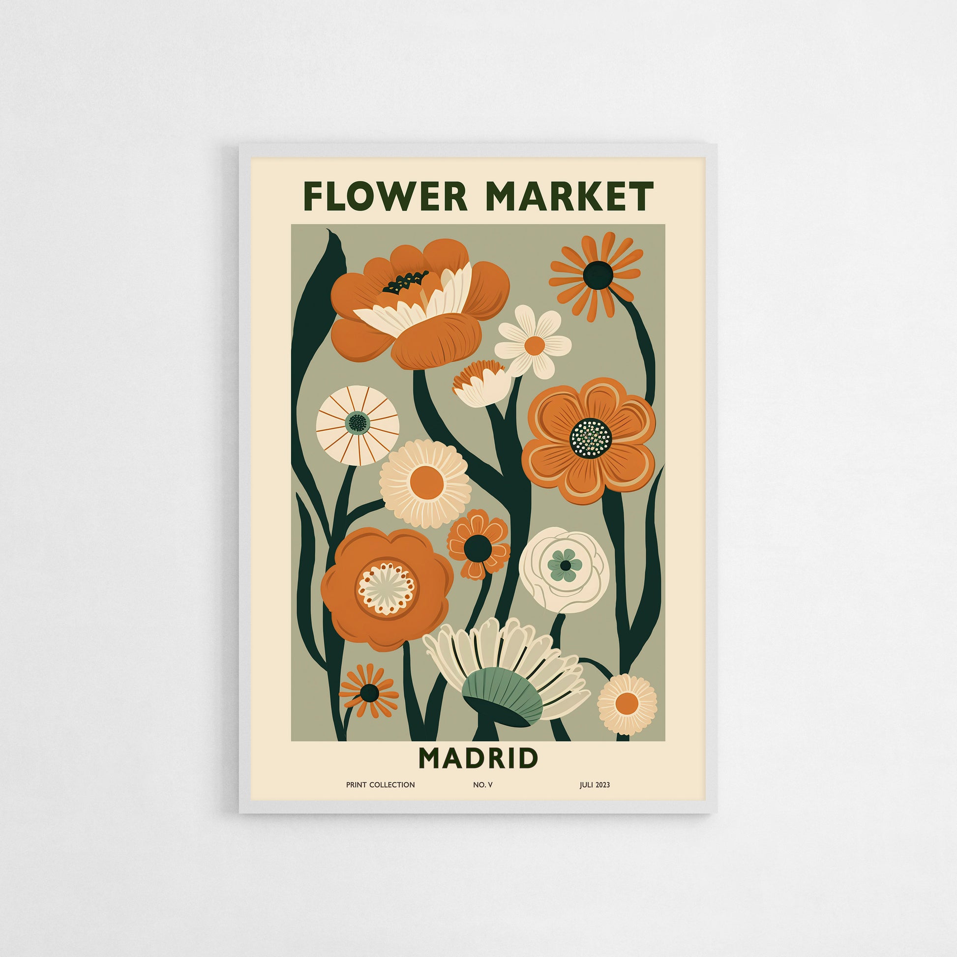 Modern "Flower Market Madrid" poster featuring orange, green, and cream flowers on a beige background. A stylish and contemporary floral art print for nature-inspired decor.