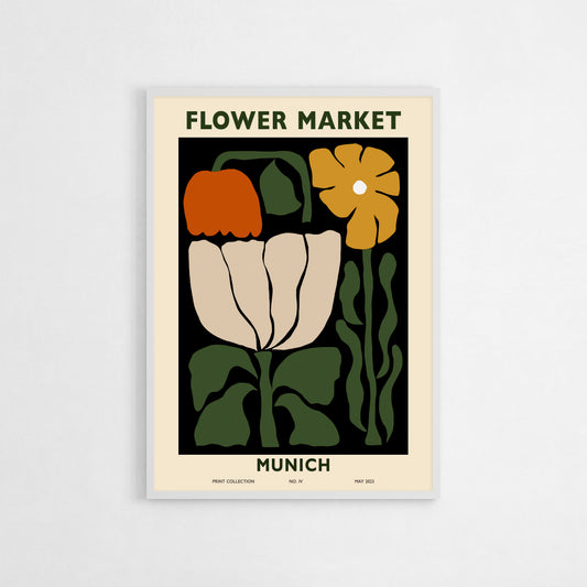 Vintage-inspired modern Flower Market Munich poster with bold botanical illustrations in green, orange, yellow, and beige tones, depicting retro-styled flowers and foliage.