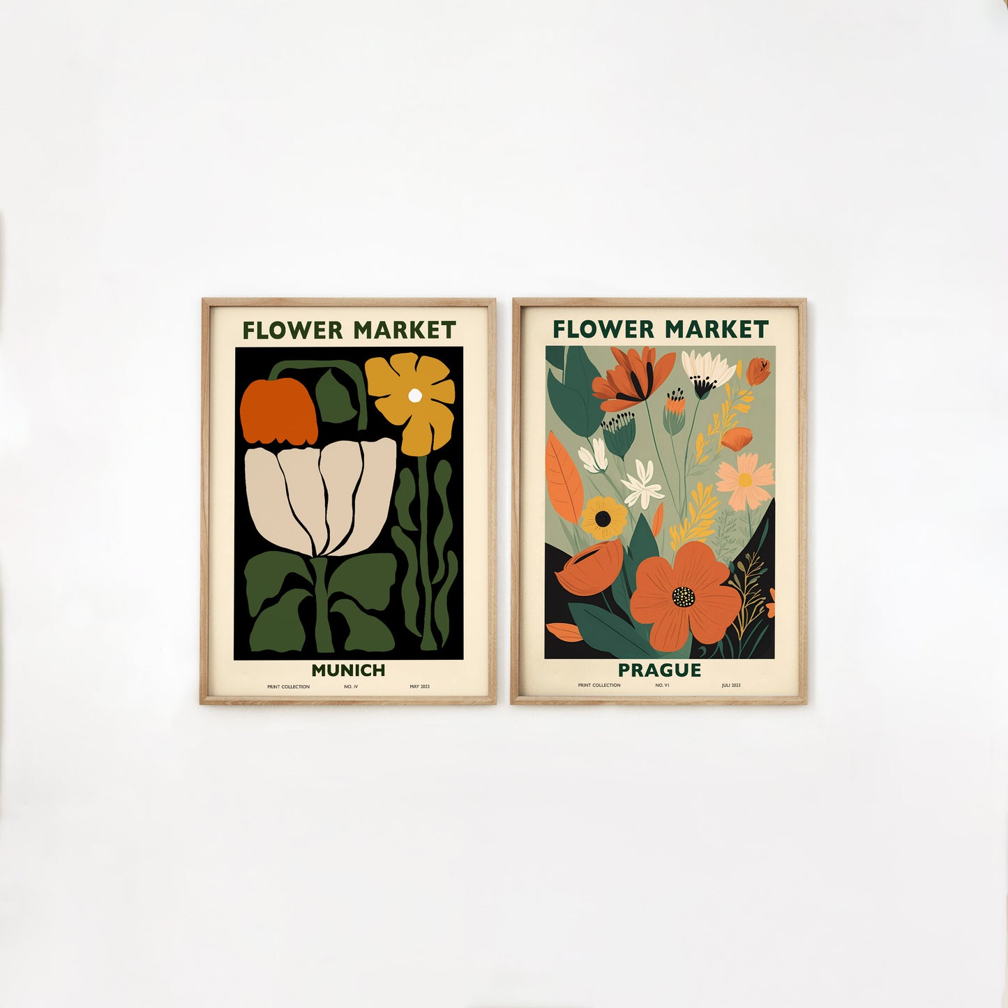 Set of two "Flower Market" posters featuring floral designs inspired by Munich and Prague. The Munich poster has a dark background with bold flowers, while the Prague poster displays a lively array of flowers on a soft green background. Ideal for modern decor.