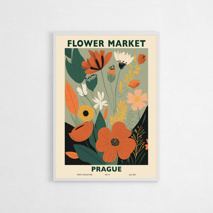 Modern "Flower Market Prague" poster featuring vibrant orange, yellow, and green flowers against a soft green background. A contemporary floral art print for modern decor.