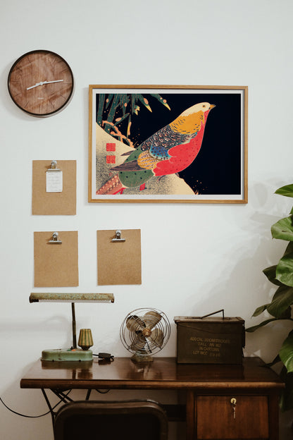 This vibrant Golden Pheasant art print by Ito Jakuchu features a colorful bird with a golden head, red chest, and intricate feather patterns in shades of green, blue, and orange, set against a dark background. Perfect for living rooms, bedrooms, or offices, this Japanese art print adds a touch of elegance and nature-inspired beauty to any space. Ideal for those who appreciate traditional Japanese art or wildlife-themed decor. It also makes an excellent gift for housewarmings, birthdays, or art enthusiasts