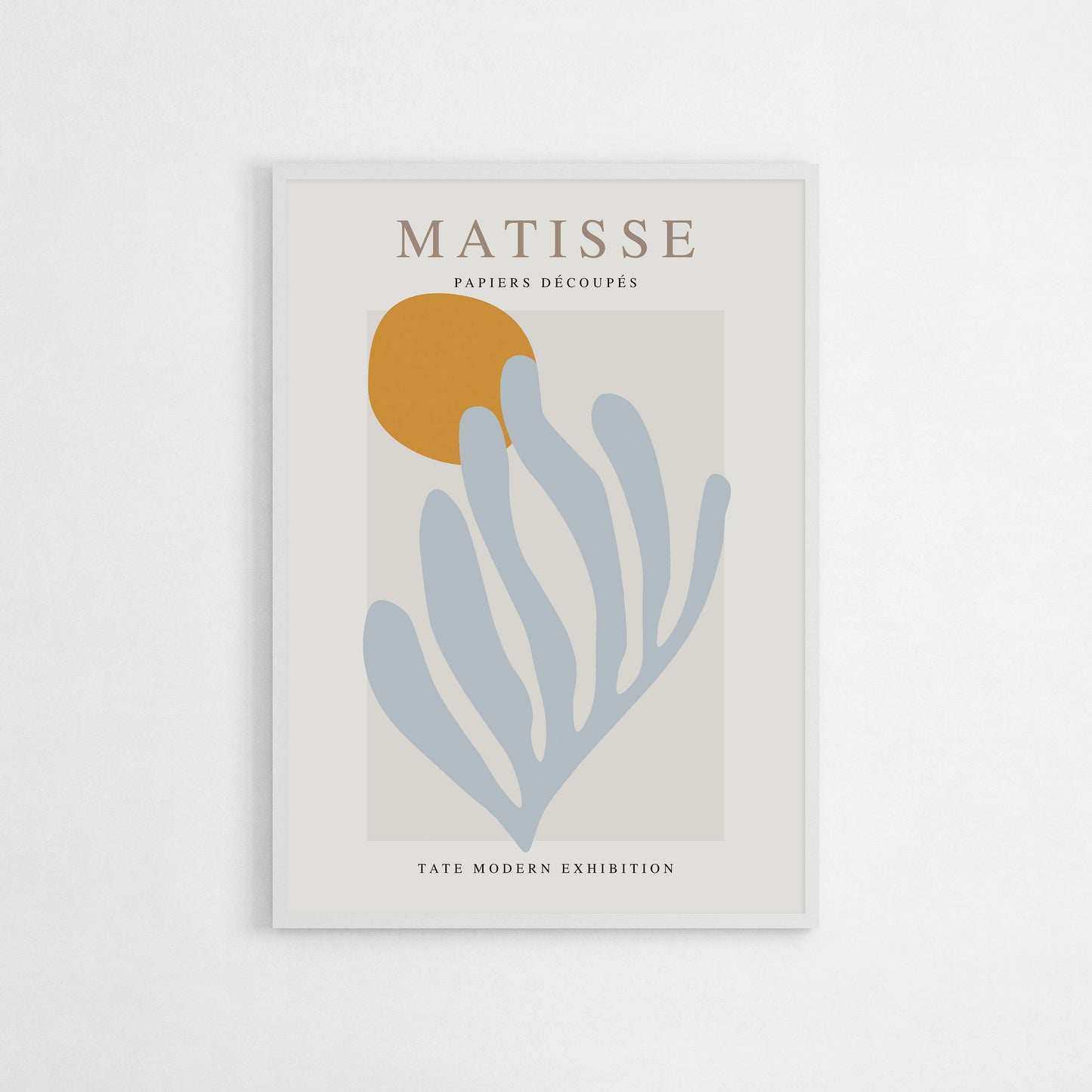 Henri Matisse "Papiers Découpés" poster with minimalist organic shapes in soft tones and a vibrant yellow circle, inspired by his cut-out style showcased at the Tate Modern Exhibition.