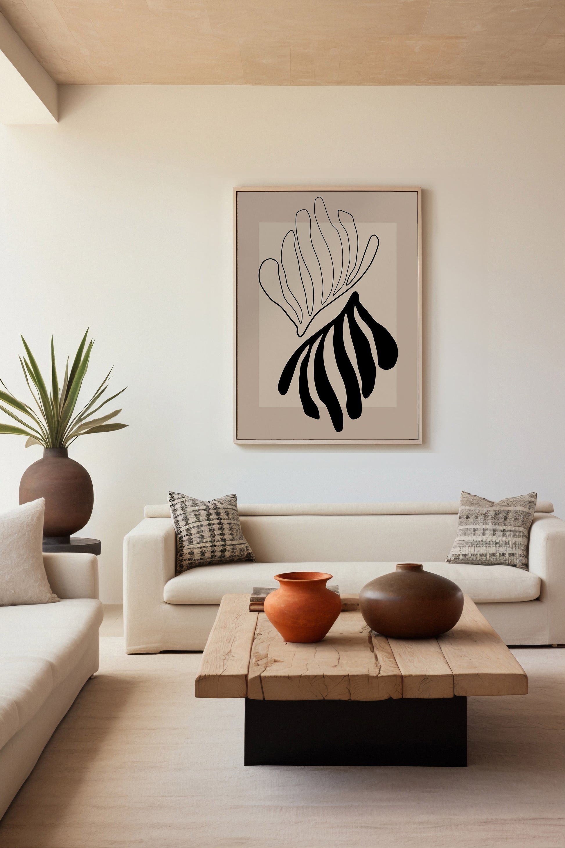 Minimalist abstract line art print inspired by Matisse, featuring organic black shapes against a beige background, perfect for modern decor and as a stylish gift.