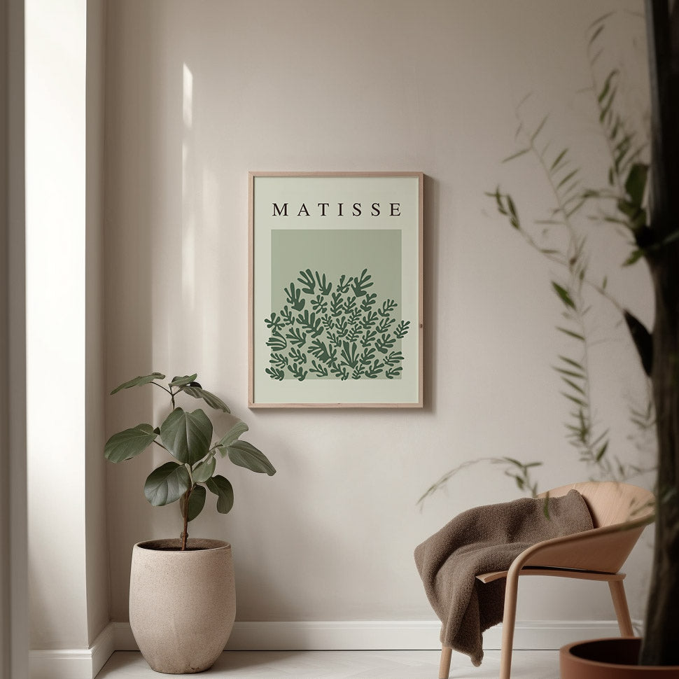 Art print of La Gerbe by Henri Matisse, featuring leafy, abstract shapes in calming green tones. Perfect for minimalist interiors or as a sophisticated addition to a modern space, bringing natural elegance and artistic flair.