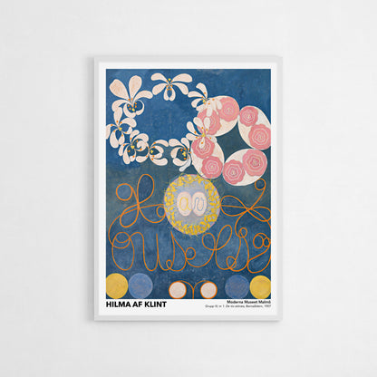 Hilma af Klint exhibition poster of “The Ten Largest No. 1: Childhood,” featuring abstract, floral, and circular motifs in soft pastels, symbolizing the innocence of childhood.