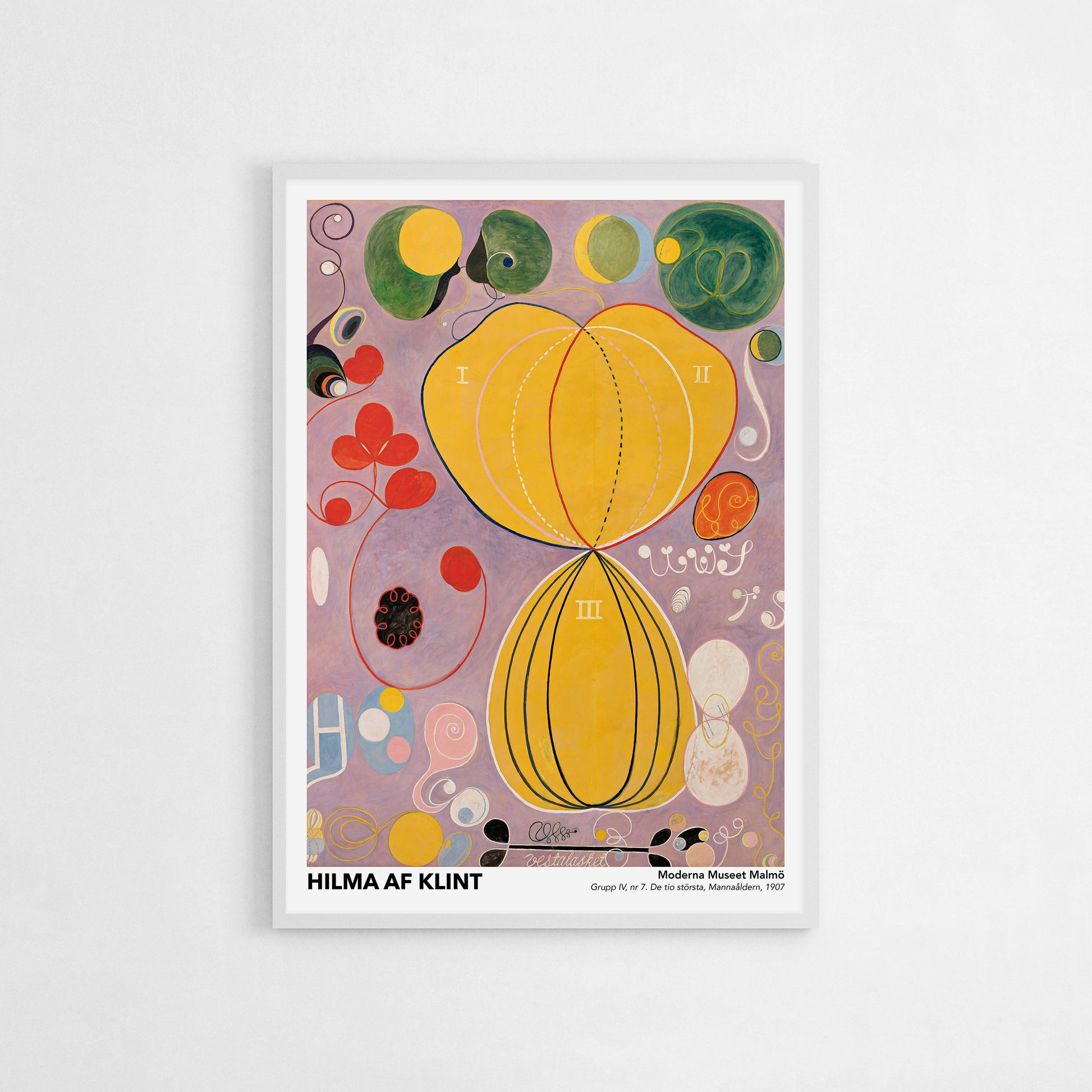 Art poster of Hilma af Klint’s “The Ten Largest No. 7: Adulthood,” showcasing large, abstract yellow and red forms surrounded by intricate details and a purple background, symbolizing the themes of maturity and balance in life.