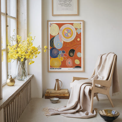 Exhibition poster of Hilma af Klint’s “The Ten Largest No. 7: Adulthood,” featuring bold, circular patterns, spiral motifs, and a warm color palette symbolizing growth and transformation in a modern abstract composition.