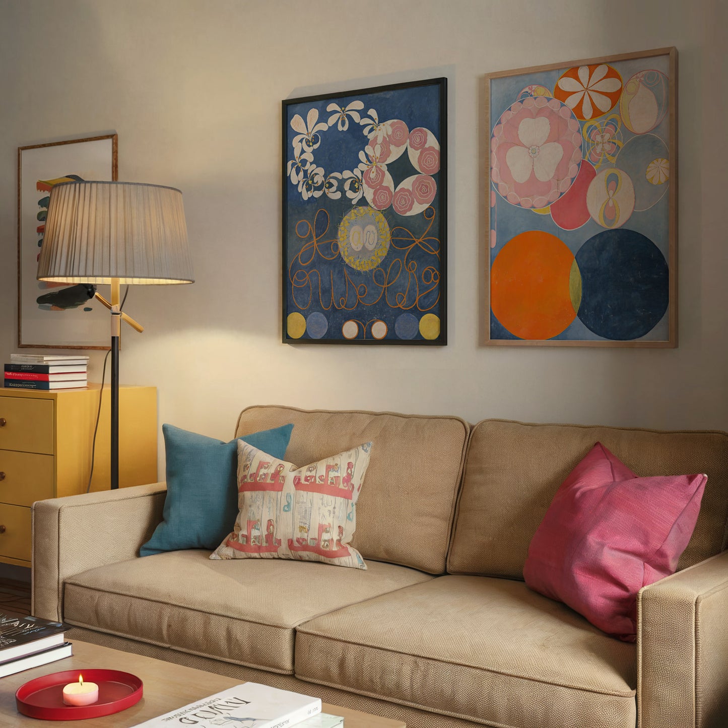 Set of 2 art prints by Hilma af Klint, The Ten Largest No. 1 and No. 2, showcasing vibrant abstract shapes, cosmic motifs, and floral elements in a symbolic representation of life stages. Ideal for modern decor and as a unique gift for art enthusiasts.