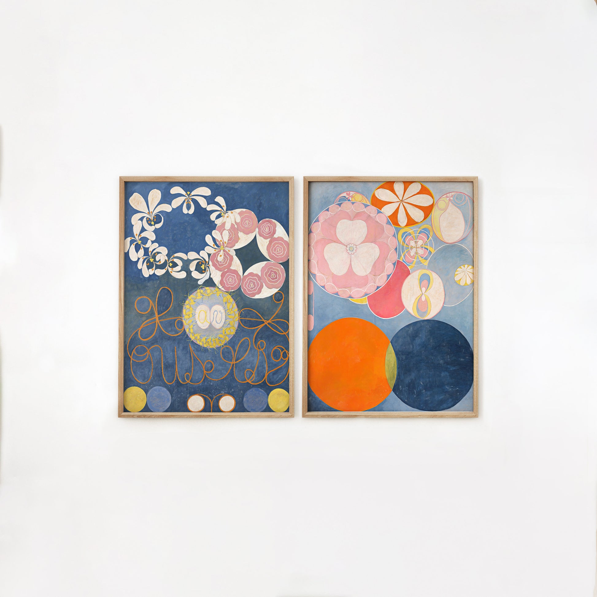 Set of 2 art prints by Hilma af Klint, The Ten Largest No. 1 and No. 2, showcasing vibrant abstract shapes, cosmic motifs, and floral elements in a symbolic representation of life stages. Ideal for modern decor and as a unique gift for art enthusiasts.