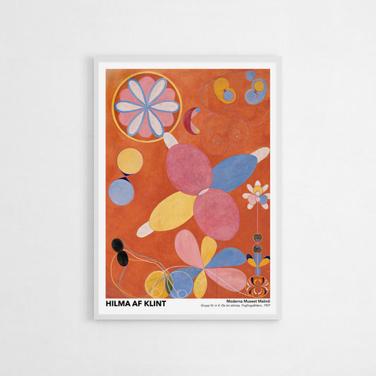 Art poster of Hilma af Klint’s “The Ten Largest No. 4: Youth,” showcasing a vivid abstract arrangement with playful, colorful shapes and patterns symbolizing the energy and potential of youth.