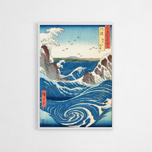 Hiroshige Naruto Whirlpool art poster featuring swirling waves and deep blue tones, museum-quality giclée print, perfect for modern or eclectic interiors.