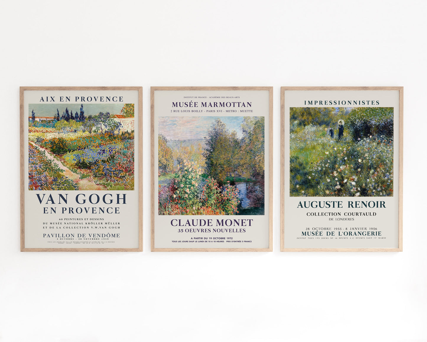 Set of three Impressionist garden art posters featuring Garden at Arles by Van Gogh, Garden at Montgeron by Monet, and Femme avec parasol dans un jardin by Renoir. Classic art prints ideal for nature-inspired decor or as a thoughtful gift for art lovers.