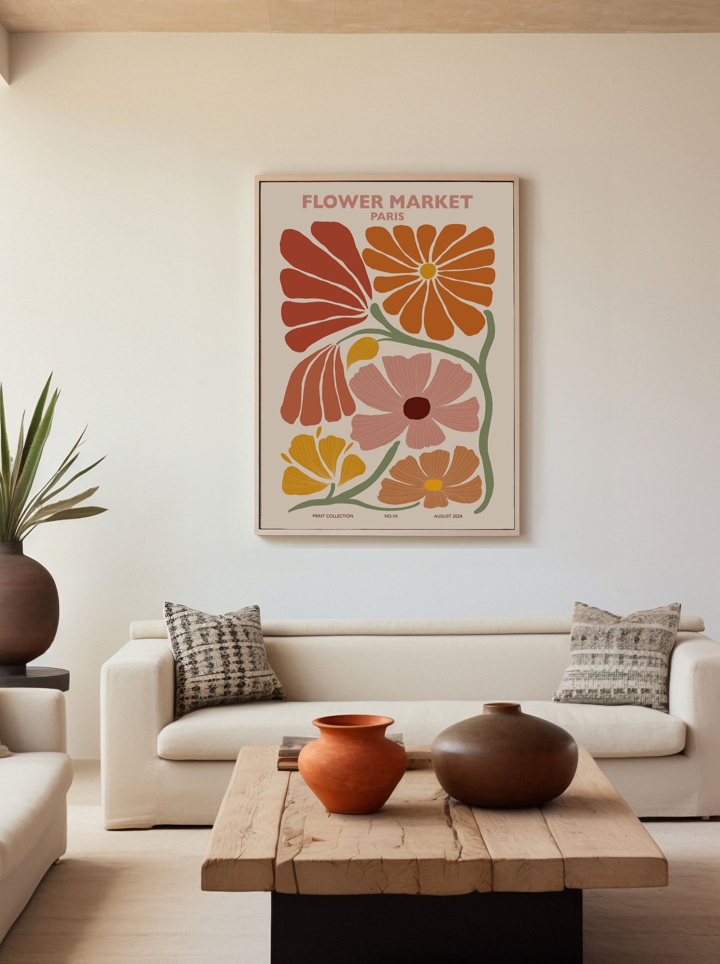 Bold floral art poster featuring orange, pink, yellow, and green flowers, with a retro-inspired design. Ideal for bohemian and modern interiors.