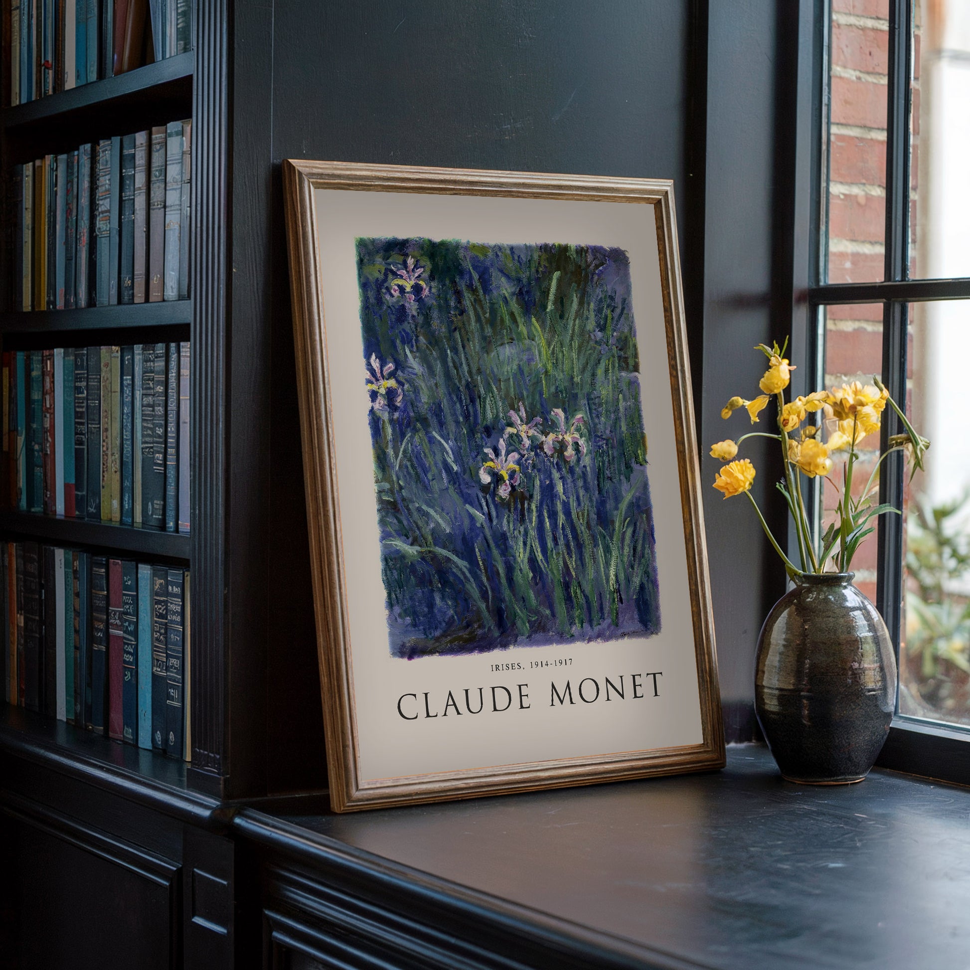 Impressionist art print of Claude Monet’s Irises, depicting vibrant purple irises among lush green foliage with soft brush strokes and light interplay. Perfect for adding a classic touch to modern decor.