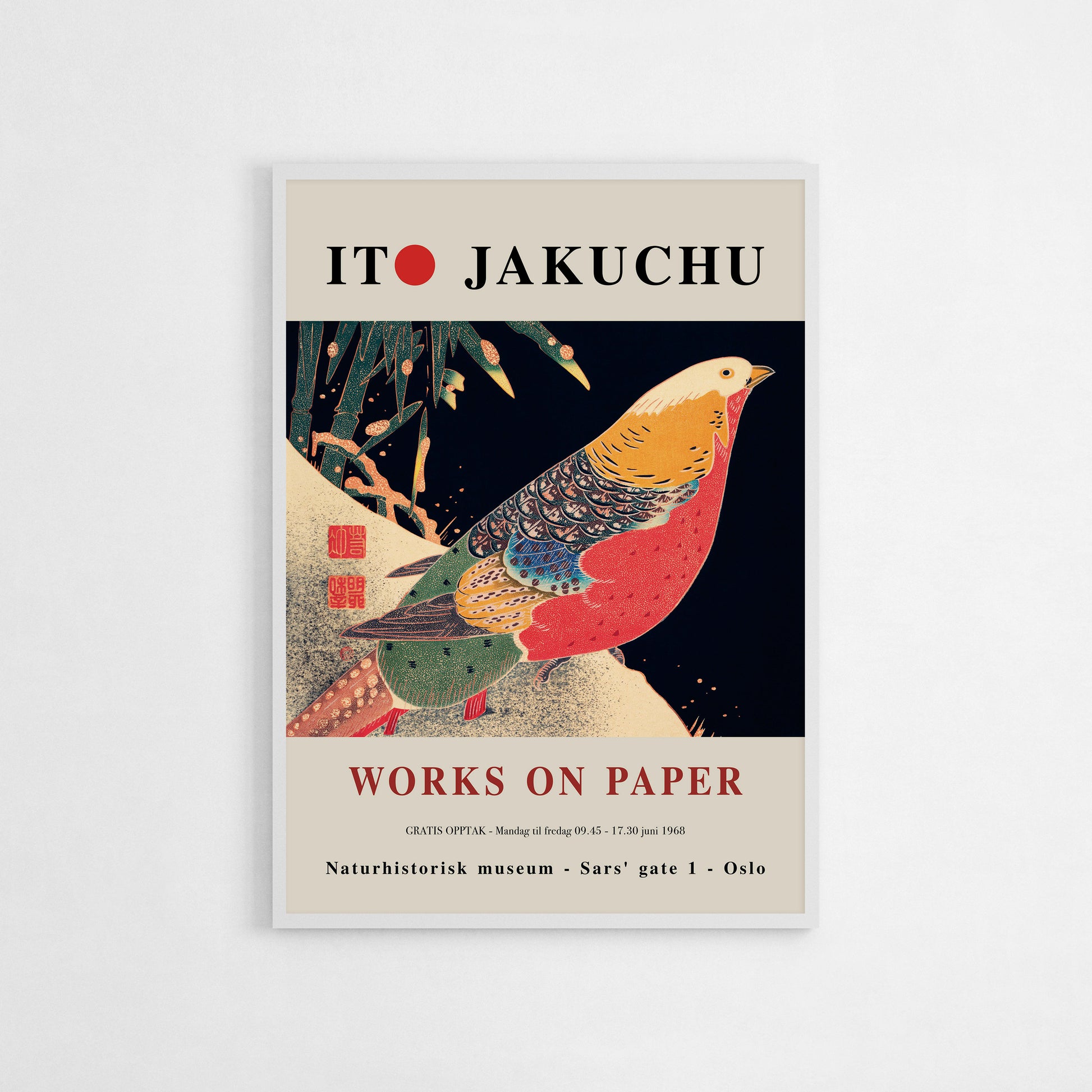 Ito Jakuchu Golden Pheasant exhibition poster showcasing vibrant colors and intricate Japanese art, perfect for any interior space.