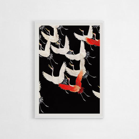 Japanese Cranes art print with red-and-white cranes on a black background, perfect for modern, minimalist, or traditional interiors.