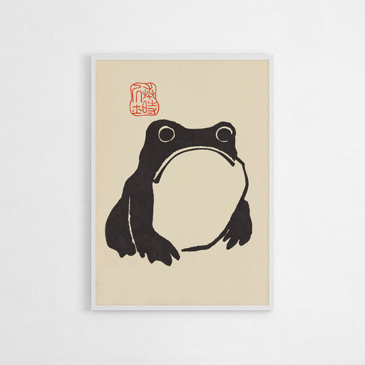 Minimalist japanese frog silhouette art print, bold black lines on a neutral background, perfect for modern and playful decor.