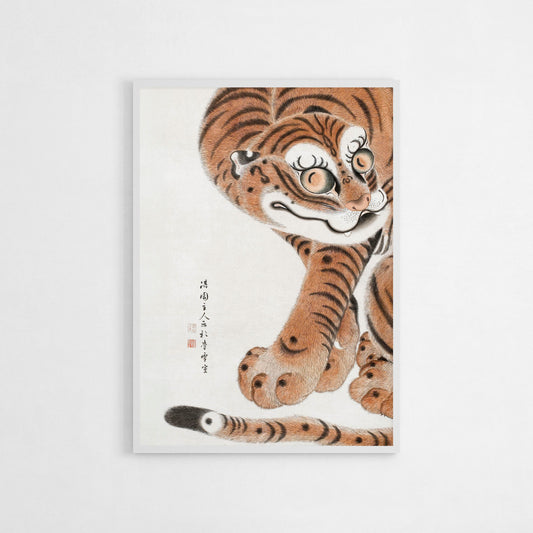 Japanese Tiger art print in soft brown and beige tones, museum-quality giclée print for modern or traditional decor.