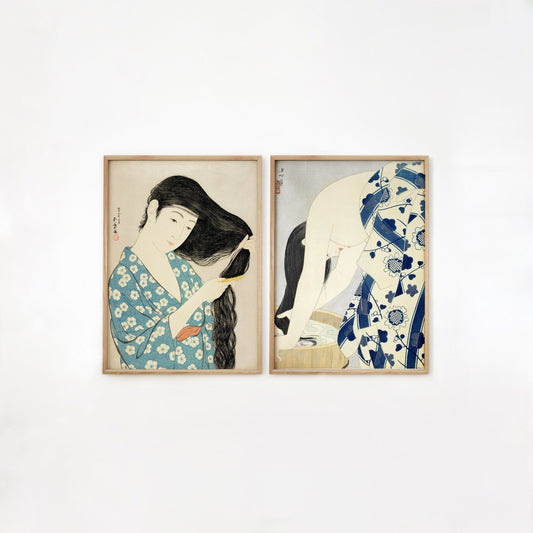 Set of 2 Vintage Japanese Geisha blue Prints Traditional Gallery Wall Decor