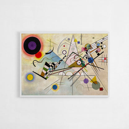 Art print of Wassily Kandinsky’s Composition 8 from 1923, showcasing an abstract composition with vibrant geometric shapes, lines, and varied colors on a light background.