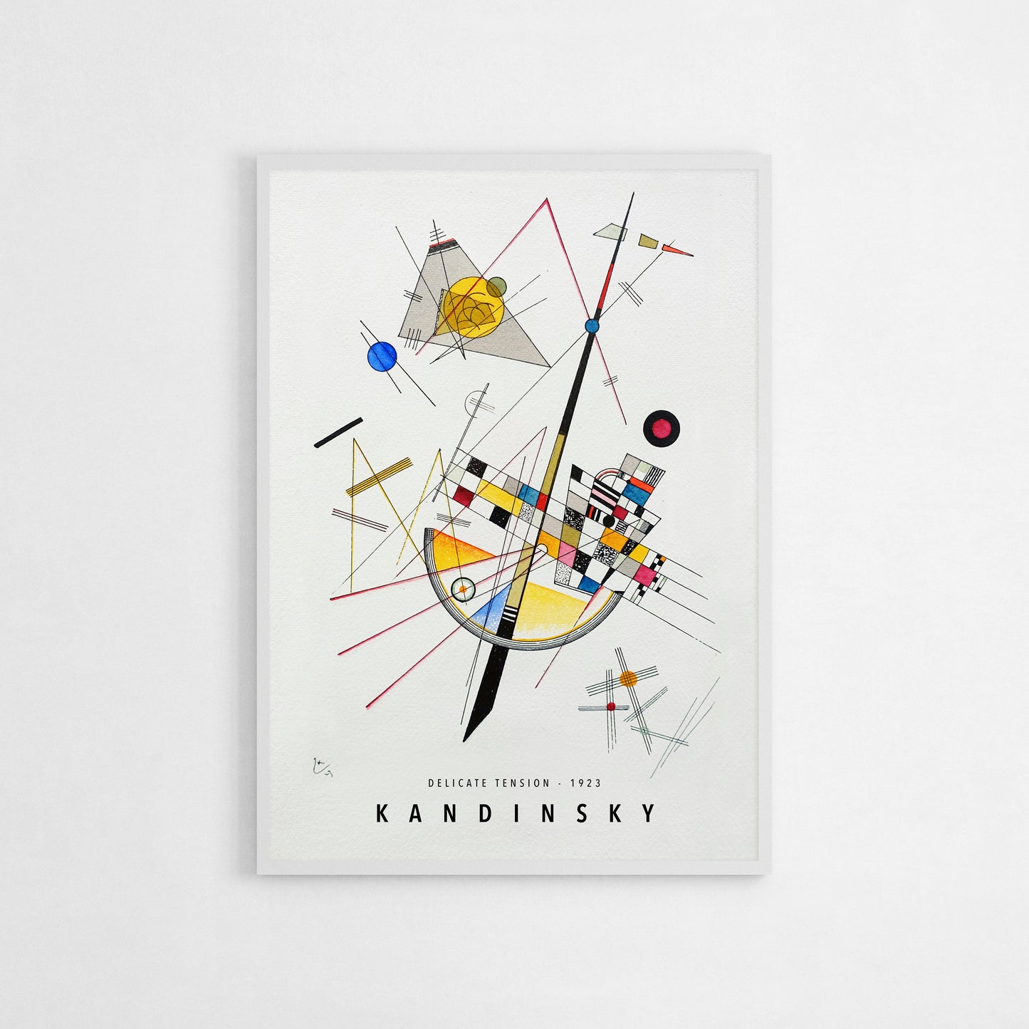 Art print of Wassily Kandinsky’s Delicate Tension from 1923, showcasing a composition of bold geometric shapes and intersecting lines in colors like yellow, red, and blue on a white background.