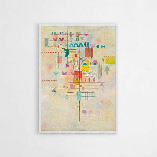 Art print of Wassily Kandinsky’s Graceful Ascent, featuring a detailed abstract composition with geometric shapes and pastel shades of pink, yellow, blue, and green, creating a dynamic and balanced visual effect.