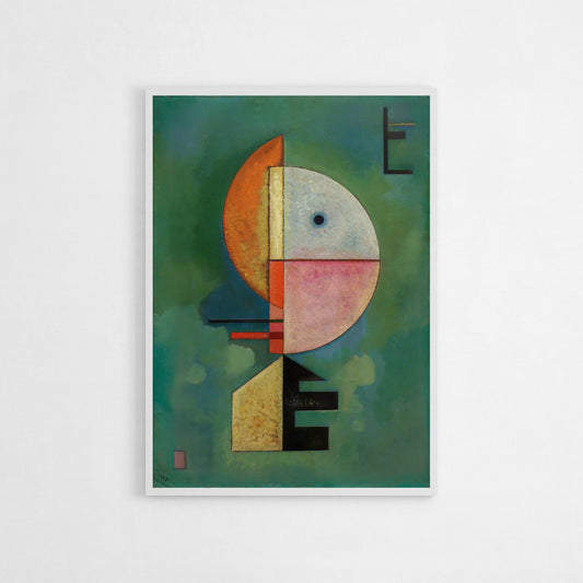 Art print of Wassily Kandinsky’s Upward from 1929, featuring an abstract composition with geometric forms and contrasting colors on a greenish background.