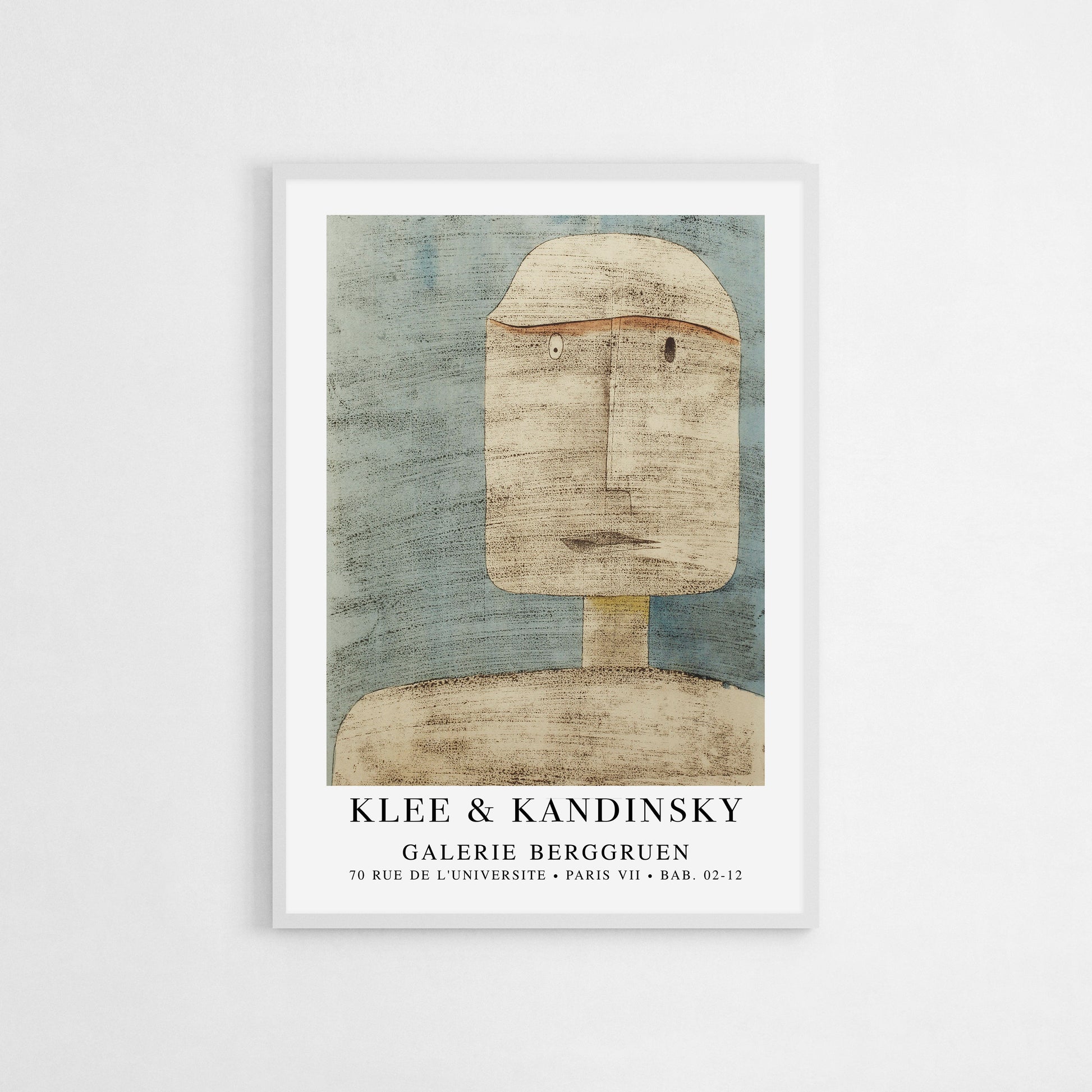 Paul Klee exhibition poster featuring a minimalist abstract portrait in muted blue and beige tones, marked by textured lines and distinctive facial features.