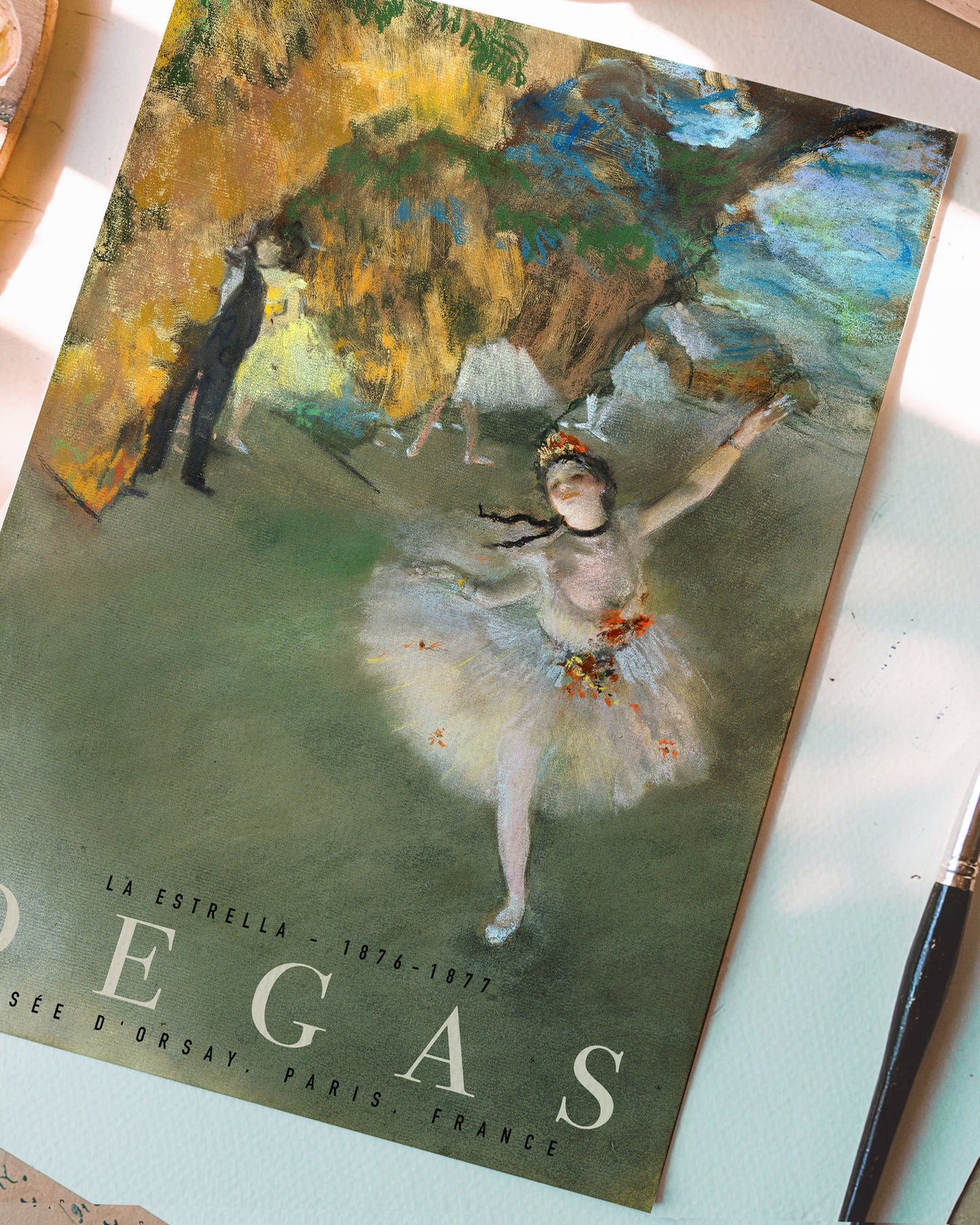 Art poster of Degas’ “La Estrella,” showcasing a ballet dancer in a graceful pose with vivid pastel colors, ideal for lovers of fine art and dance.