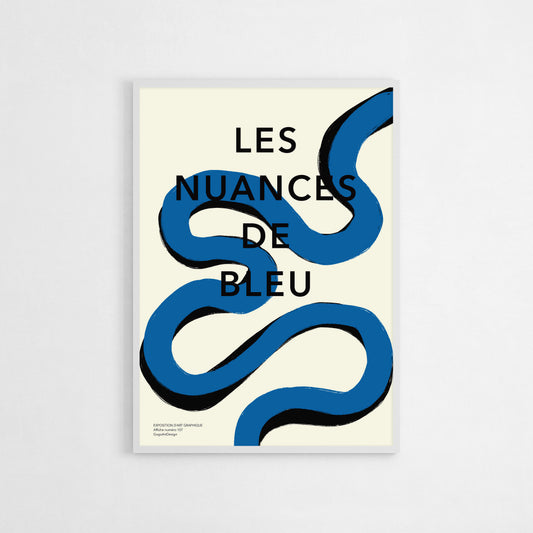 "Les Nuances de Bleu" minimalist art print with abstract blue shapes on a light background, ideal for adding a calming, modern aesthetic to living rooms, bedrooms, or offices. Perfect for contemporary interiors and makes a thoughtful gift for fans of abstract art.