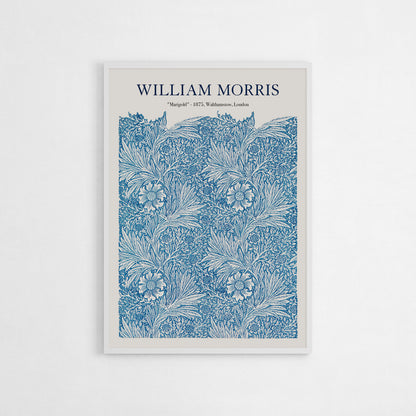 Elegant art print of Marigold by William Morris, featuring intricate blue floral patterns. This vintage-inspired piece is ideal for adding classic charm to interiors, making it perfect for living rooms, studies, or as a thoughtful gift for art and design enthusiasts.