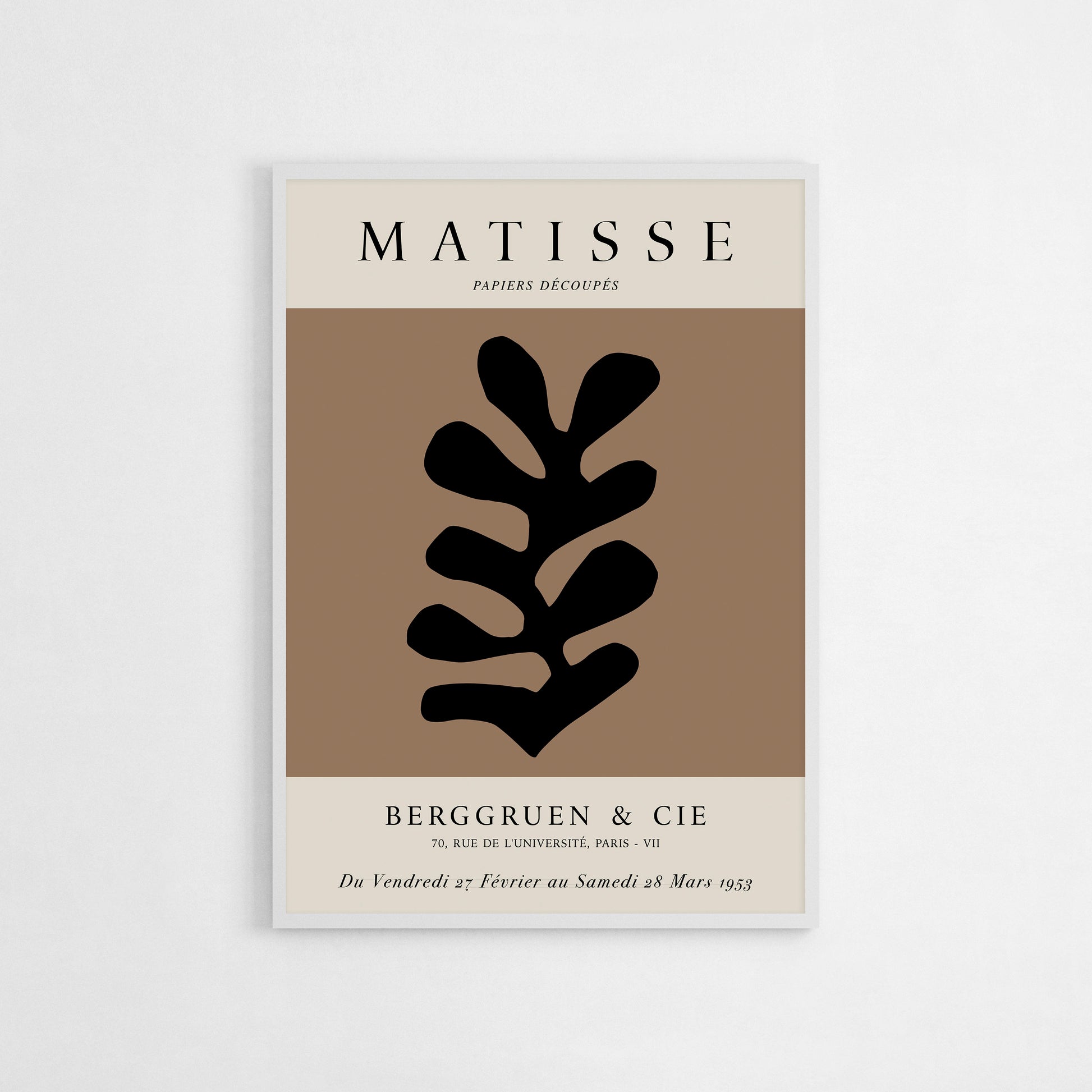 Matisse exhibition poster from 1953 featuring a bold black paper cut-out on a neutral background, highlighting the artist's iconic "Papiers Découpés" style.