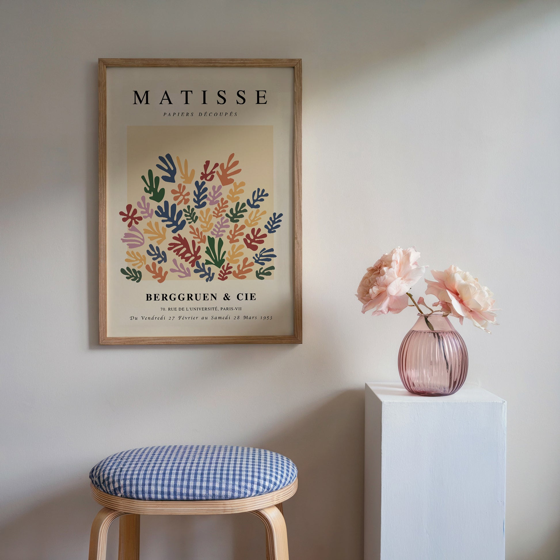 Art print of Papiers Découpés by Henri Matisse, featuring colorful abstract shapes inspired by leaves, set against a light background. Ideal for adding a pop of color and playful style to any modern interior, perfect for home decor or as a unique artistic gift.