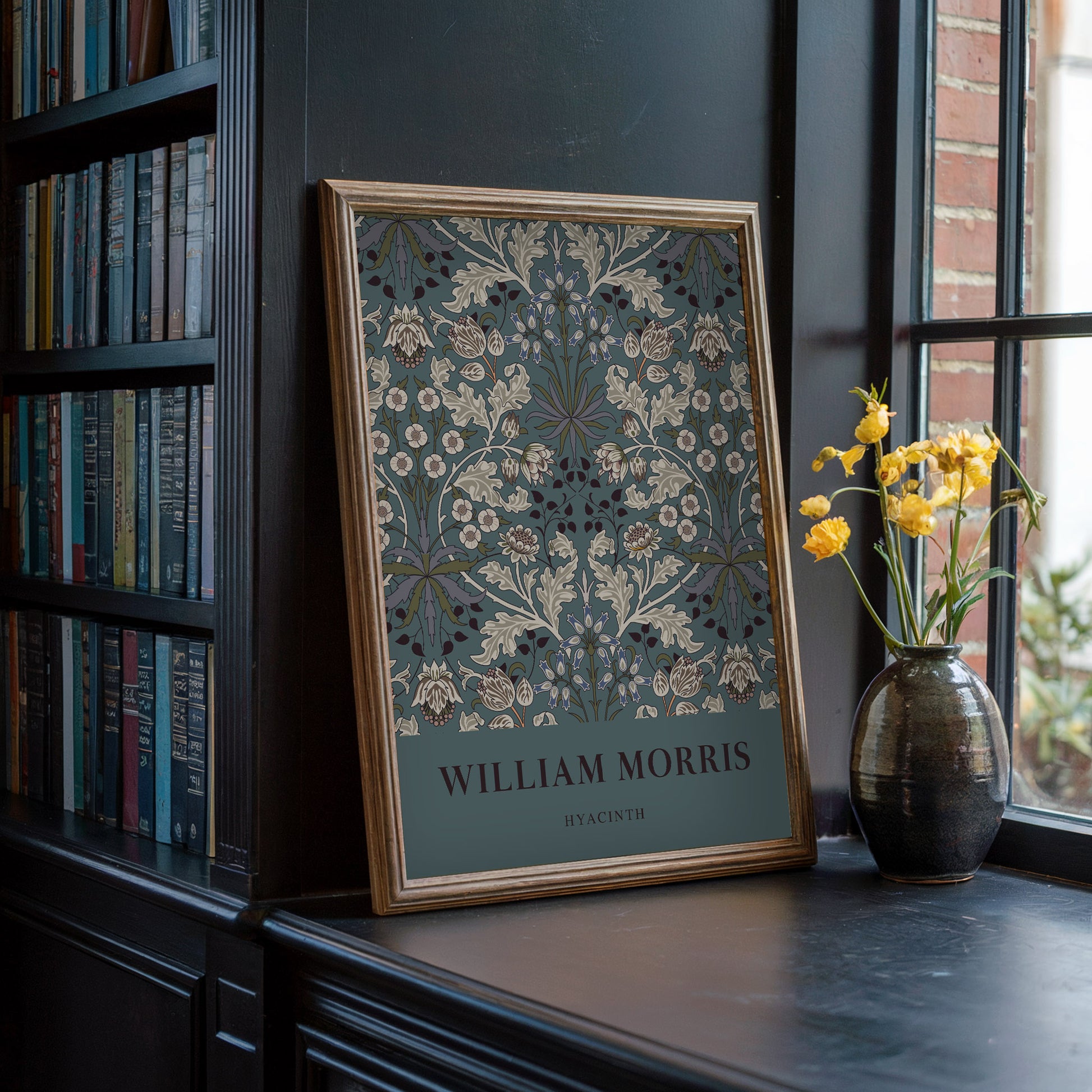 Victorian-inspired floral art print of William Morris’s Hyacinth pattern, with intricate leaf and flower designs set against a deep teal background for a modern twist on a classic aesthetic.