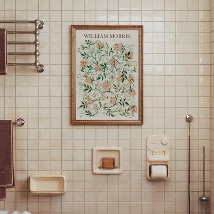 Floral botanical art print inspired by William Morris, showcasing intricate leaves and detailed flowers in a soft color palette. This poster captures the essence of the Arts and Crafts movement, ideal for elegant interior decor.