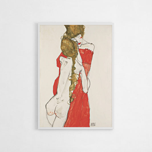 Art print of Egon Schiele’s Mother and Daughter, highlighting the intimate connection between mother and child through expressive lines and earthy tones, perfect for lovers of figurative art.