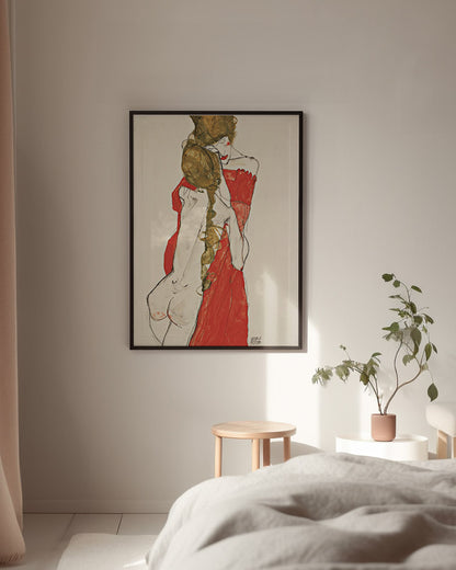 Art print of Egon Schiele’s Mother and Daughter, highlighting the intimate connection between mother and child through expressive lines and earthy tones, perfect for lovers of figurative art.