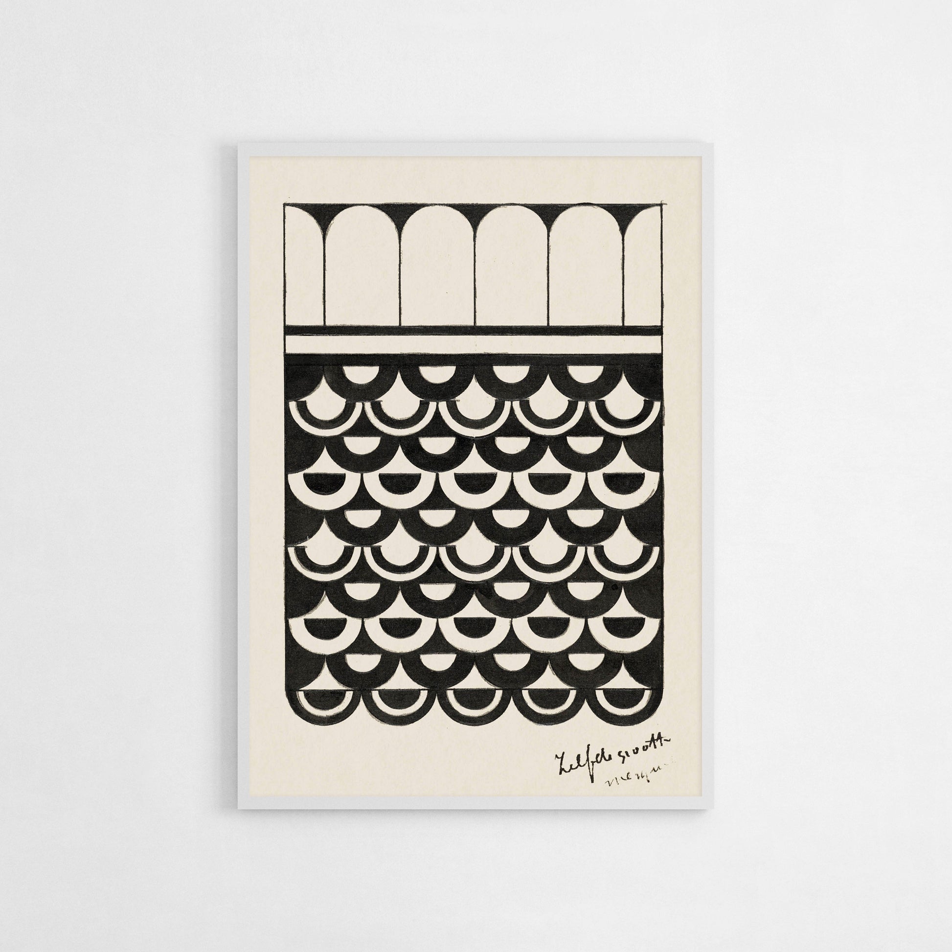 Monochromatic art poster black and white, showcasing bold, repeating geometric shapes in a scale-like pattern. Ideal for minimalist and mid century modern decor.